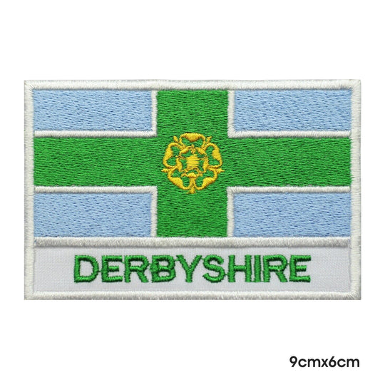 DERBYSHIRE County Flag With Name Patch Iron on Sew on Patch Badge For Clothes.